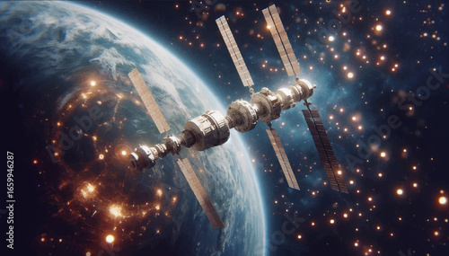 An illustration of a research space station flying in the orbital zone of a planet. Vector graphics. EPS.