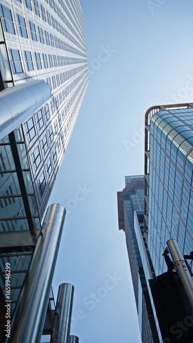 Low angle view of a modern glass One Canada Square office buildings in Canary Wharf, London, England in the evening. Vertical