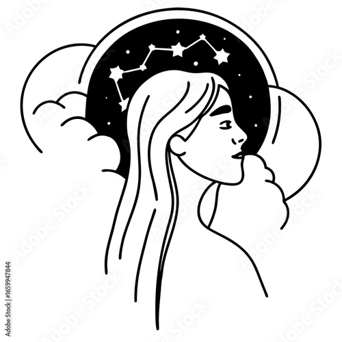 Vector of Long haired feminine profile wrapped in constellation, dreamy night sky, celestial mood