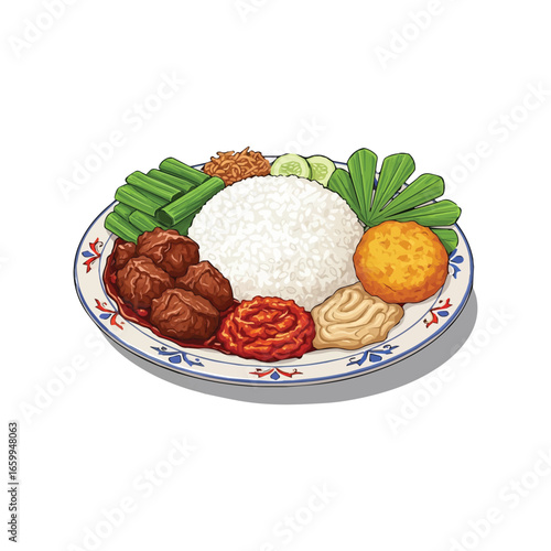 Vector Nasi Padang Indonesian Food Illustration – Traditional Rice with Rendang and Sambal