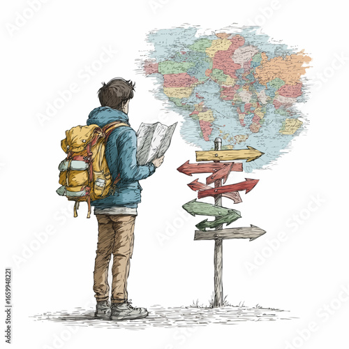 Lost traveler with map and backpack near directional signs