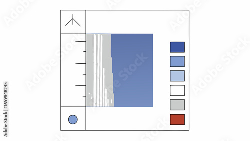 Vector of Photorealistic tall cliff wall with vertical striations and color scale on white background