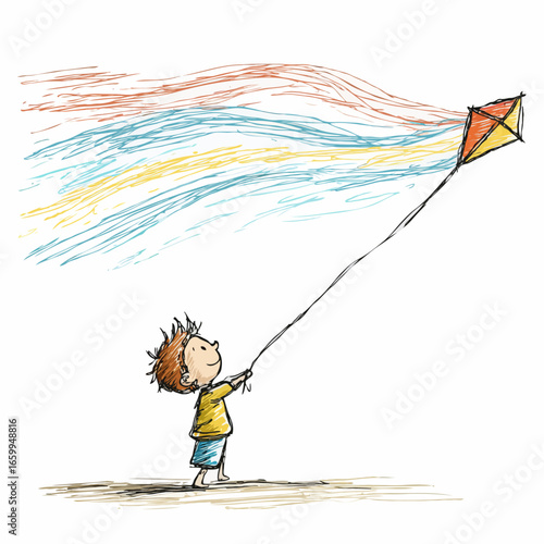 Illustration of a boy flying a kite on a windy day outside