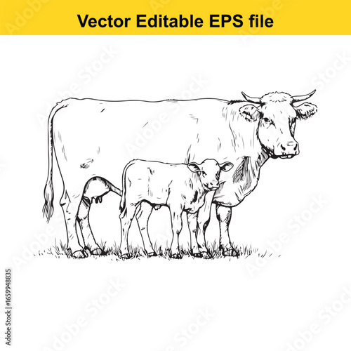 Cow and calf standing in a grassy field, isolated on white background