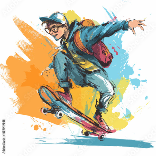 Skateboarder performs trick with colorful artistic background