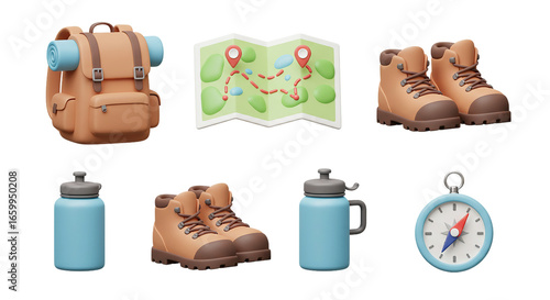 3D icons set for hiking, outdoor adventure, and camping