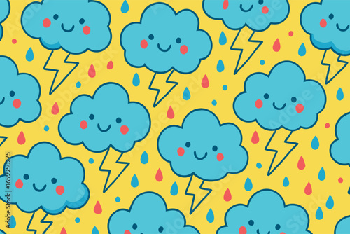 Cute Cartoon Clouds and Lightning Bolts Pattern