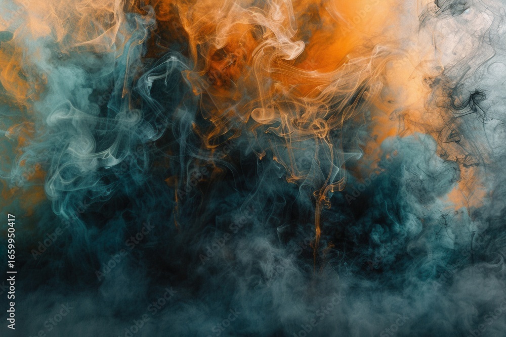 Fototapeta premium Dynamic deconstructed smoke art features realistic azure terracotta and steel vapors in abstract expressionist swirls.
