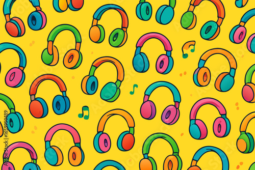 Vibrant and colorful cartoon headphones seamless pattern background