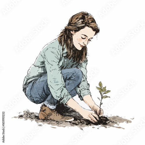 Woman plants a sapling in the ground with care and attention