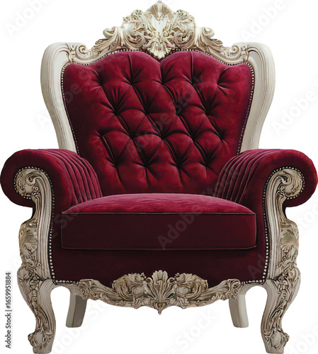 Elegant Red Velvet Armchair With White Ornate Carved Wood Frame burgundy