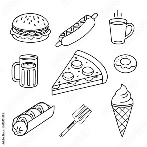 A vector illustration set of fast food icons including hamburgers, pizza, and coffee with sweet dessert snacks like cake and chocolate