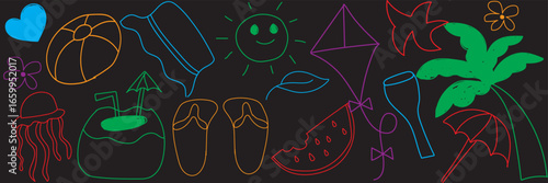Colorful summer doodle icons on black background. Bright hand-drawn summer doodle icons including beach ball, sun, palm tree, coconut drink, watermelon, and flip flops on dark background.
