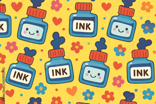 Seamless childish pattern of cute cartoon girls in polka dot dresses