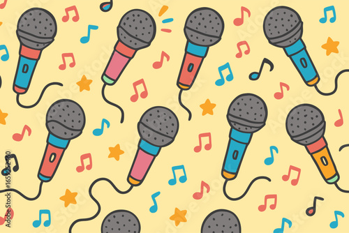 Microphone Music Notes And Stars Pattern Seamless Background