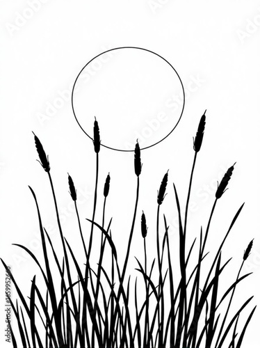 Minimilist silhouette of cattails and grass against a white background with a simple circle design in the sky area vector