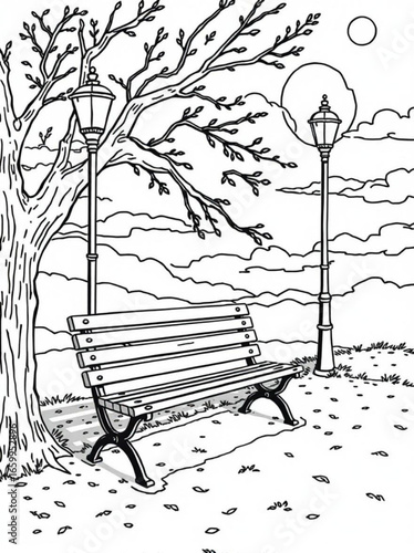 Minimilist black and white drawing of a park bench under a tree with street lamps and a cloudy sky behind it vector