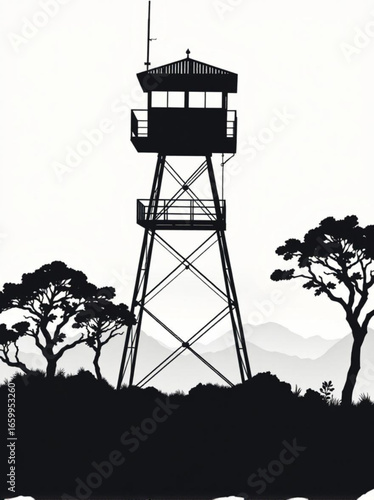 Minimilist silhouette of a tall lookout tower with trees and mountains in the background in black and white style vector