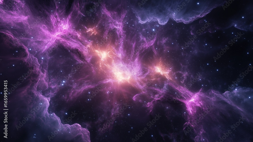 Fototapeta premium Vibrant Purple-Pink Nebula 4K Motion Background: Sci-Fi Concept Design, Astronomy Education, VR Environment - Filamentary Structures with Star Clusters in Deep Space