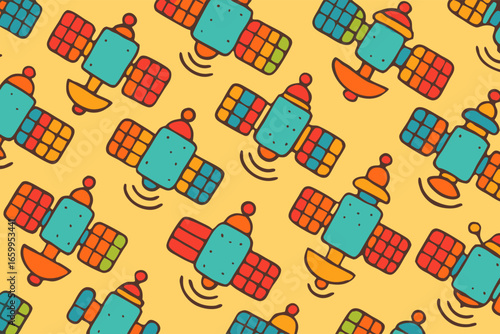 Colorful illustrated satellites in orbit with motion lines on yellow background