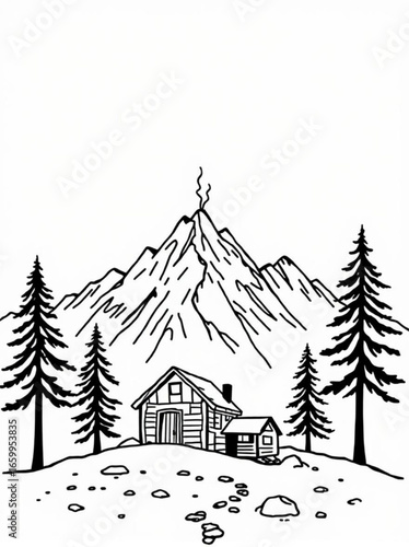 Minimilist illustration of a mountain landscape with a cabin and trees in a black and white drawing style image vector