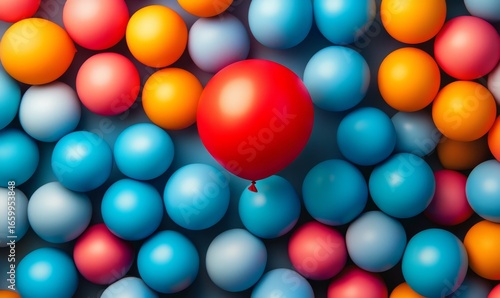 This image captures the concept of unique talent and standing out, featuring one distinct balloon among many. The colorful balloon symbolizes individuality, creativity, and the value, Generative AI