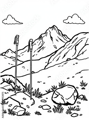 Minimilist line art of mountain landscape with hiking poles rocks and clouds in a black and white illustration vector