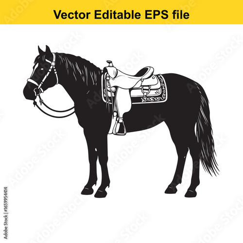 Black horse with saddle isolated on white background