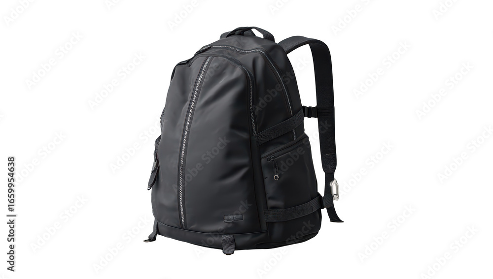 Sleek black backpack with multiple pockets and straps, designed for daily use Sleek black backpack with multiple pockets and straps, designed for daily use