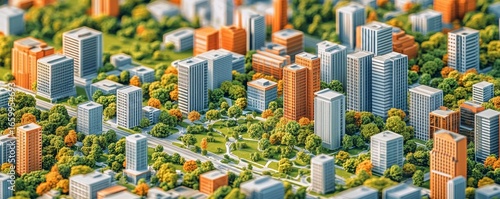 Urban planning and landscaping project illustration, featuring a comprehensive city layout that includes buildings, parks, roads, and transportation systems. This demonstrates intricate, Generative AI