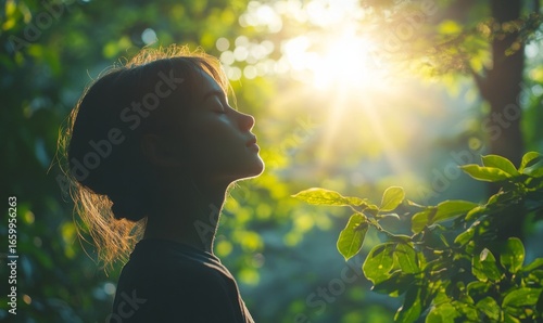 Serene image of a person engaging in outdoor breathing exercises, deeply inhaling fresh air amidst a lush green forest. The scene symbolizes mindfulness, tranquility, and the connection, Generative AI