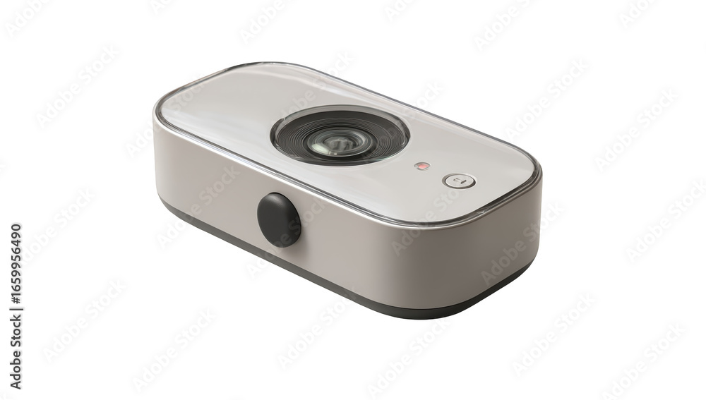 Fototapeta premium Sleek, light-colored camera with lens, buttons, and indicator light on black