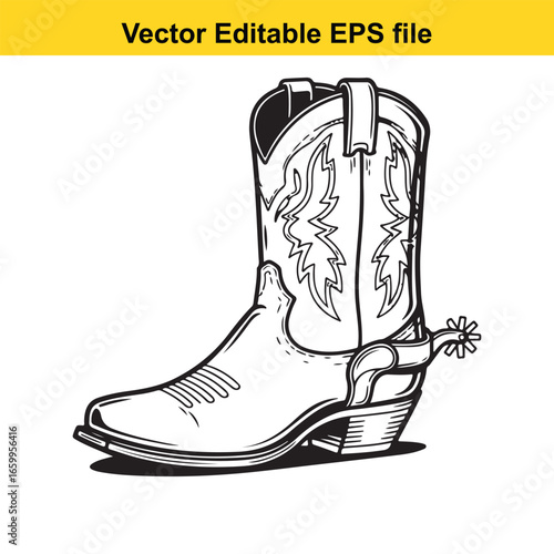 Black and white cowboy boot with spur isolated on white background