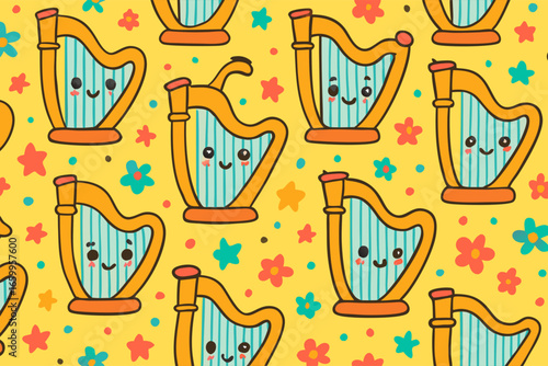 Playful Harps Pattern, Colorful Design, Cheerful Environment, Illustration