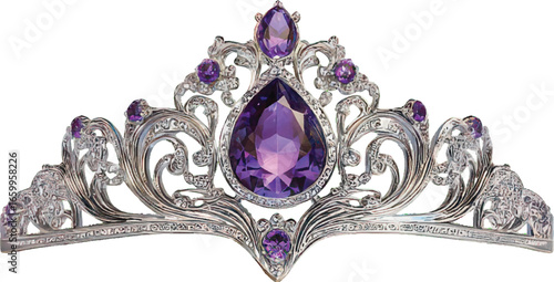 Silver Tiara with Pear Shaped Purple Gemstone and Diamond Embellishments crown diadem