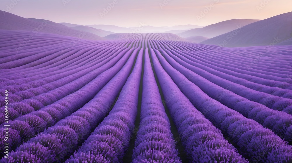 Fototapeta premium High-angle, wide shot of a vast lavender field at sunrise, showcasing rows of purple lavender plants extending to the misty horizon, creating a tranquil and serene