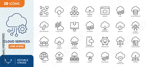 Cloud Services line editable icon set. Editable stroke. Vector Illustration