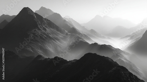 Monochromatic photograph showcasing a mountain range shrouded in a misty atmosphere view