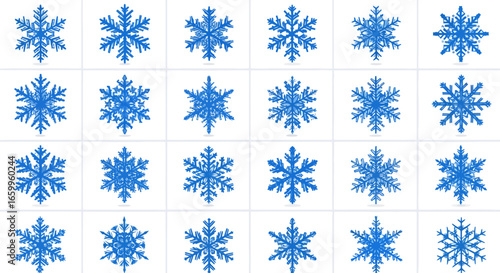 Discover a stunning collection of intricate blue snowflakes, showcasing unique crystalline beauty for winter designs and holiday celebrations
