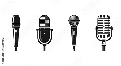 Diverse microphone collection showcasing classic and modern designs for audio recording, podcasts, and live performances