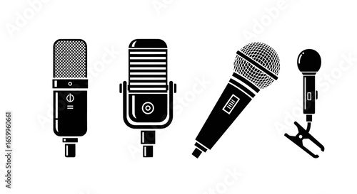 Diverse microphone collection capturing sound recording, podcasting, and broadcasting essentials