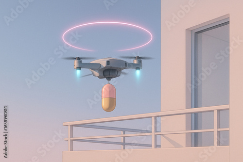 Drone delivering medication to apartment building
