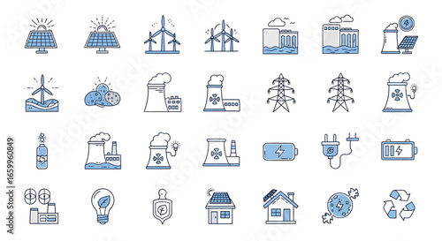 Vibrant icons showcase diverse clean energy solutions from solar and wind to nuclear and battery storage for a sustainable future