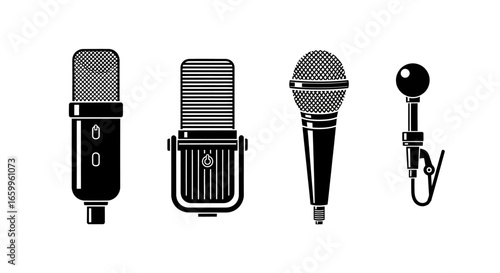 Collection of diverse microphones, including studio condenser and dynamic vocal mics, perfect for music production and podcasting.