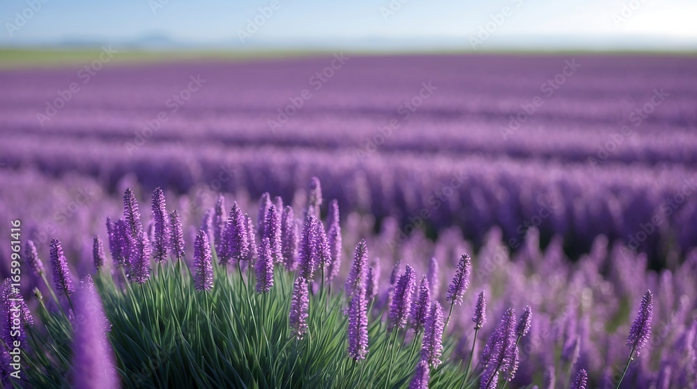 Naklejka premium Lavender field perspective: Close-up view of vibrant purple lavender flowers in full bloom, showcasing rows of plants with a calm and serene mood, photographed outdoors