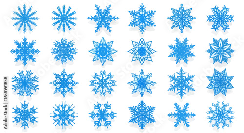 Stunning collection of intricate blue snowflakes, showcasing winter's delicate beauty and festive holiday charm