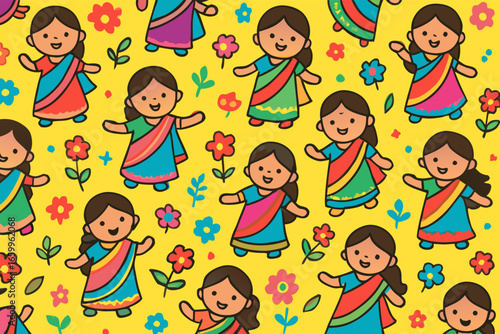 Festive Celebration, Cartoon Girls, Colorful Background, Digital Art, Joyful, Vibrant