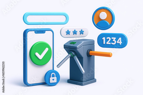 Colorful 3D illustration of mobile security features including a smartphone and access control system.