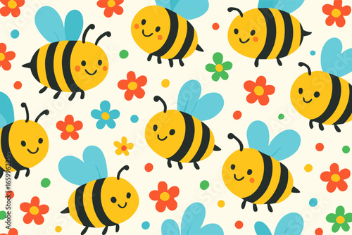 Playful Bees Pattern Design, Colorful Floral Background, Fun Graphic Art