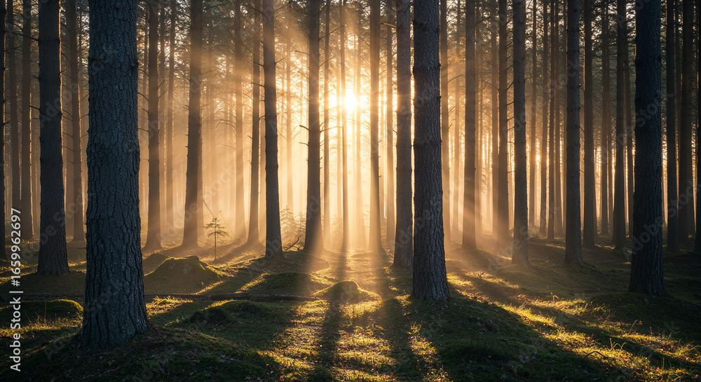 Fototapeta premium Morning sunlight through foggy forest pines